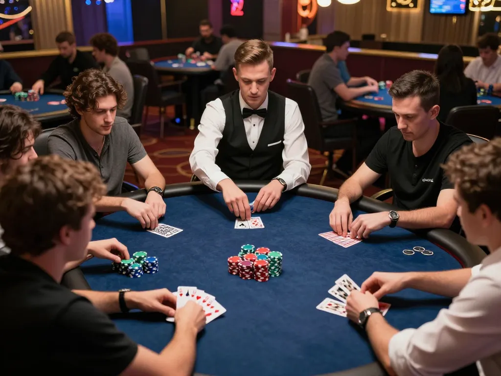 NoHu poker players intensely strategizing at a vibrant table, showcasing competitive gameplay.