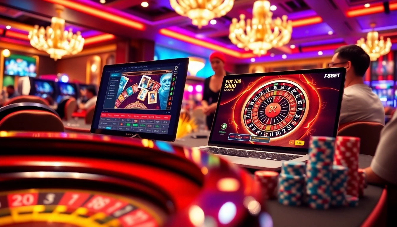 Experience excitement while playing at F8BET COM with a captivating casino setup featuring roulette and poker elements.