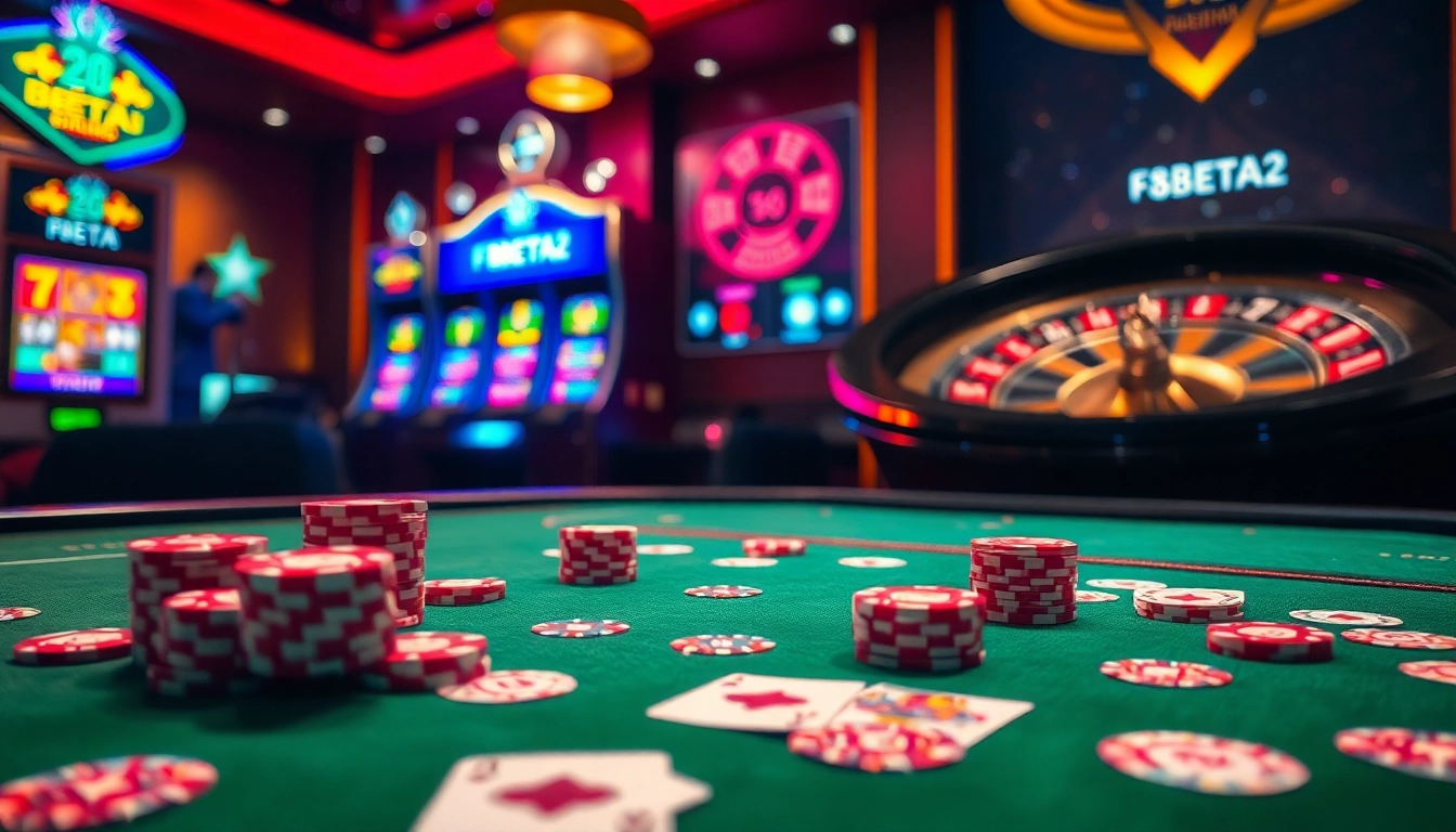Engaging scene showcasing F8BETA2 casino action with poker chips, cards, and vibrant gaming interfaces.