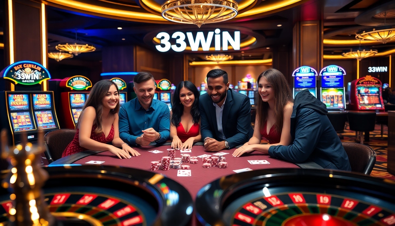 33WIN showcases players enjoying poker at a luxurious casino table filled with chips and cards.