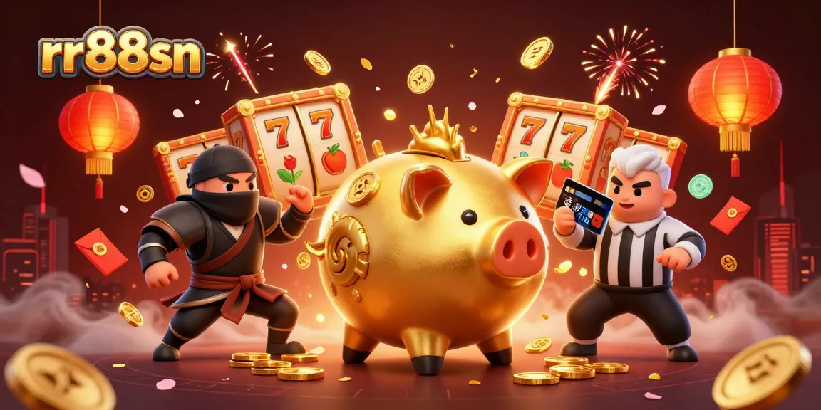 Engage with rr88sn's vibrant casino scene featuring a sumo wrestler, ninja, and referee, full of spinning slots.