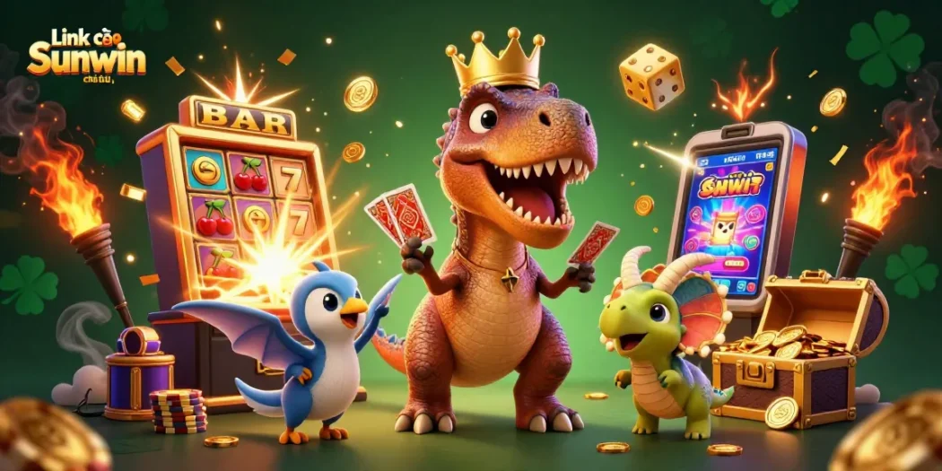 Engage with Link vào Sunwin chính thức through a vibrant 3D scene showcasing a T-Rex, pterodactyl, and triceratops amidst dynamic casino elements.