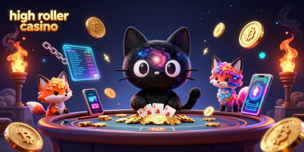High roller casino scene with a black hole cat pulling in chips and cards at a cosmic table.