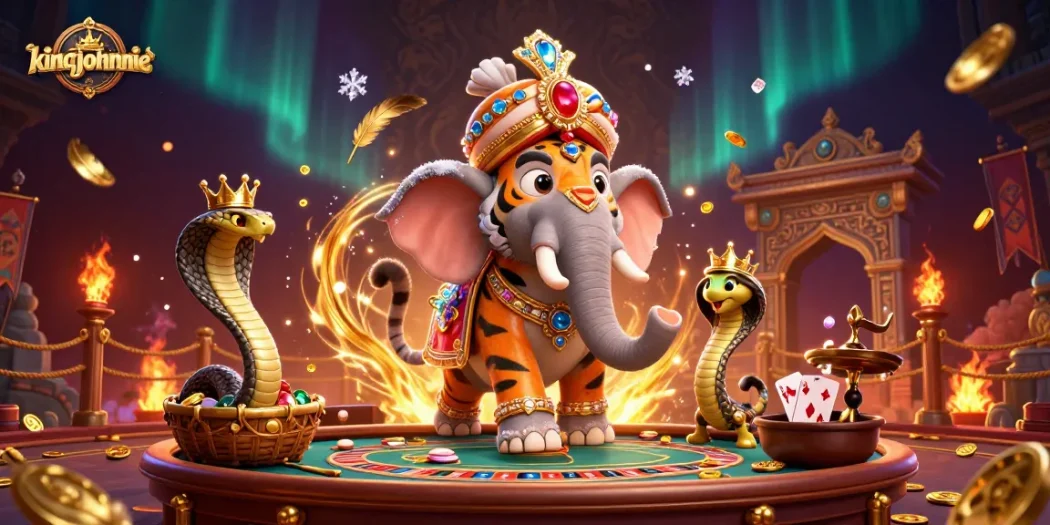 Experience exciting gameplay with kingjohnnie's vibrant casino showdown featuring a royal tiger and elephant.